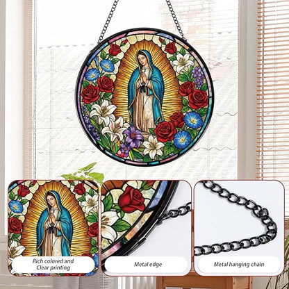 Rngmsi Stained Glass Window Hanging, Our Lady of Guadalupe Sun Catcher Gift, Religious Christian Gifts for Wall Art Landscape Hanging Home Decor 8 Inch
