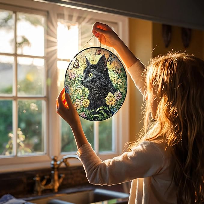 Black Cat Stained Glass Suncatcher – Floral Pet Memorial Window Hanging Decor, Sympathy Gift for Cat Owners, Home & Garden Decoration, Birthday, Christmas, for Women, Friends