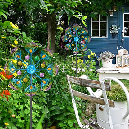 Metal Wind Spinner Outdoor, Kinetic Pinwheel Wind Sculpture with Stake, Small Garden Windmill for Patio Yard Lawn Art Decor (1pcs-Blue Green)