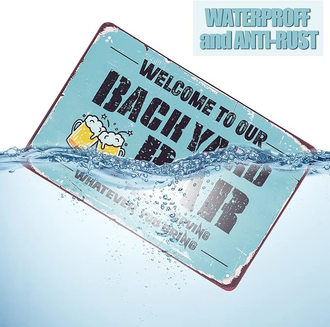 Welcome to Our Backyard Bar Sign 12 x 8 Inch Metal Sign Vintage Metal Banner Funny Welcome Hanging Bar Terrace Wall Decoration for Outdoor Patio Porch Pool Outdoor Wall Decor (Blue)