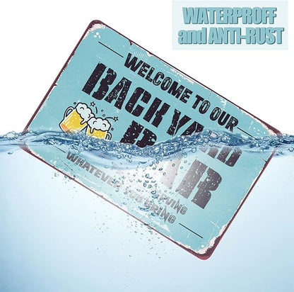 Welcome to Our Backyard Bar Sign 12 x 8 Inch Metal Sign Vintage Metal Banner Funny Welcome Hanging Bar Terrace Wall Decoration for Outdoor Patio Porch Pool Outdoor Wall Decor (Blue)
