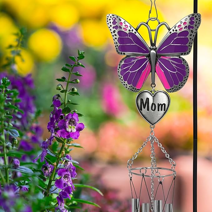 Butterfly Wind Chimes for Mother - Purple Butterfly Windchime with Engraved Mom Heart - Gift for Mom Mother’s Day Birthday Christmas - Spring Patio Garden Hanging Decor - 20 Inch Long