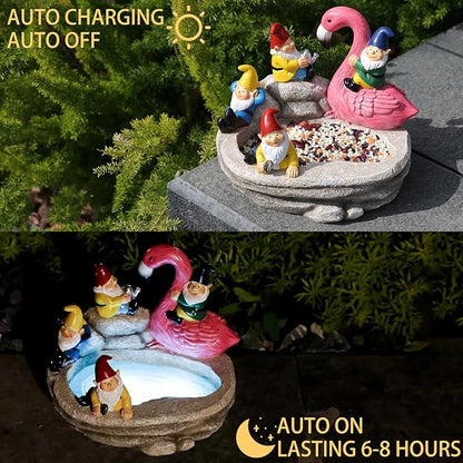 Garden Gnomes Statue Outdoor Gnome Decor Solar Gnome Statues Decoration for Lawn Yard Balcony Patio,Funny Gnome Riding Flamingo Figurine Mom Gift