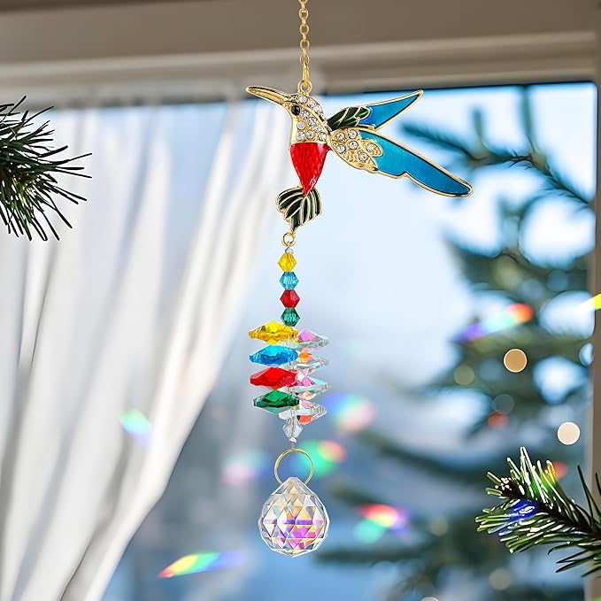 H&D HYALINE & DORA Sparkling Rhinestones Hummingbird Sun Catcher with Crystal Hanging Ornament Rainbow Prisms for Windows Home Garden Party Decor