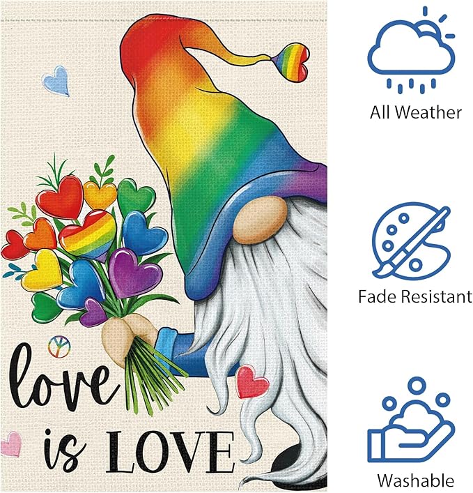 Heyfibro Rainbow Gnome Love is Love Pride Garden Flag 12x18 Double Sided Burlap, Pride Month Heart Bouquet Yard Sign for Gay Lesbian LGBTQ Outdoor Decoration (ONLY FLAG)