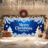 IVN Merry Christmas Happy New Year Garage Door Banner 13x6 ft Christmas Garage Door Wnter Scene Background Indoor Outdoor Blue Snowflake Tree Holiday Decorations for Home Wall Backdrop Decor