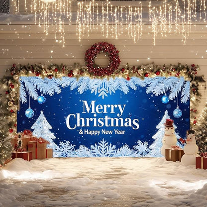 IVN Merry Christmas Happy New Year Garage Door Banner 13x6 ft Christmas Garage Door Wnter Scene Background Indoor Outdoor Blue Snowflake Tree Holiday Decorations for Home Wall Backdrop Decor