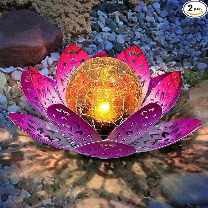 2 Pack Solar Lights Outdoor Garden 6.3 " Glass Lotus Lamp Waterproof LED Metal Flower Lights Outdoor Garden Table Decor for Outside Balcony, Patio, Deck, Porch, Walkway
