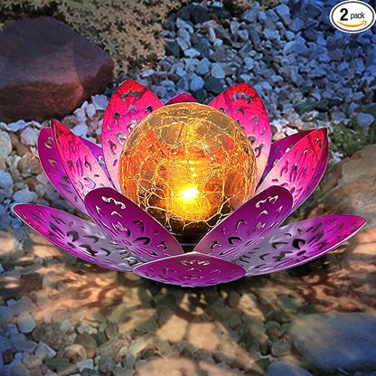 2 Pack Solar Lights Outdoor Garden 6.3 " Glass Lotus Lamp Waterproof LED Metal Flower Lights Outdoor Garden Table Decor for Outside Balcony, Patio, Deck, Porch, Walkway
