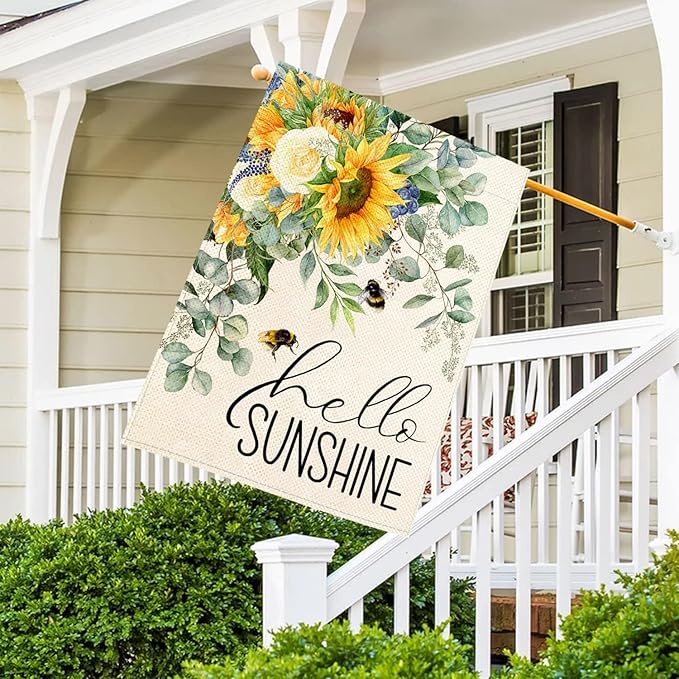 Baccessor Hello Sunshine Spring House Flag Sunflower Bee Eucalyptus Leaves Yard Flag 28 X 40 Inch Double Sided Burlap Large Spring Summer Flag for Outside Decor