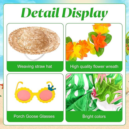 DECOHS 4 Pcs/Set Hawaiian Porch Goose Outfits, Summer Lawn Goose Costume, Yard Goose Clothes Hawaiian Wreath with Straw Hat Glasses for 23" Statue Patio Garden Decoration