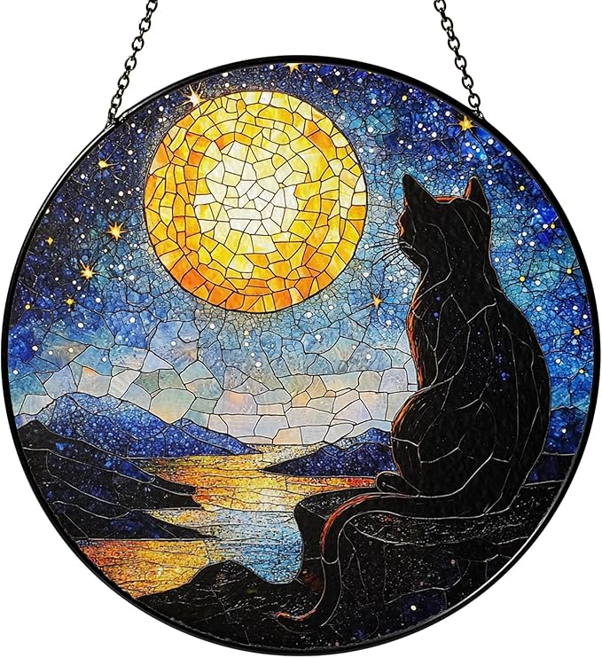Black Cat Stained Glass Suncatcher Window Hanging Decor for Garden, Starry Night Cat Suncatcher Window Panel, Gifts for Cats Lovers, Memorial Gifts for Pet Loss, Sympathy Gift for Outdoor Decorations