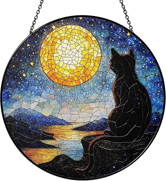 Black Cat Stained Glass Suncatcher Window Hanging Decor for Garden, Starry Night Cat Suncatcher Window Panel, Gifts for Cats Lovers, Memorial Gifts for Pet Loss, Sympathy Gift for Outdoor Decorations