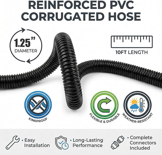 Corrugated Pond Tubing - Flexible, Kinkproof, Reinforced PVC Hose for Water Gardens, Pumps, Waterfalls & Aquaculture (10 Feet Black, 1-1/4 Inch)