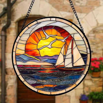 DASTOLL Stained Glass Window Hanging, Sun Ocean Sailboat Seagull Abstract Suncatcher Diamond Glass Panel Sun Catchers Decor for Birthday for Women, Men, Wife, Aunt, and Mom 6.3 in