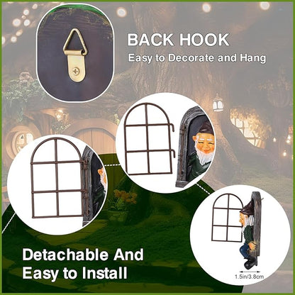7 Pcs Fairy Garden Accessories Tree Hugger Gnome Statue Fairy Door Window Set Dwarf Elf Landscape Figurine Out The Door Resin Sculpture Hanging Tree Faces Decor for Trees Outdoor Decor (Fresh)