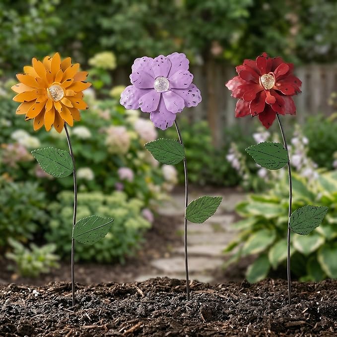 3 Pack Floral Garden Stake Decor, Glow in Dark Shaking Head Outdoor Plant Pick Water Proof Metal Flower Stick for Lawn Yard Patio Pathway Ornament