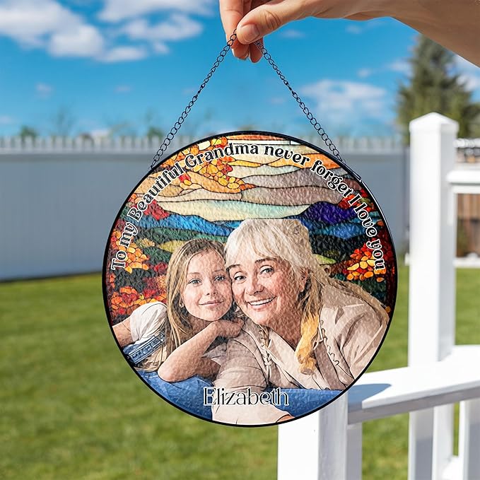 NAZENTI Personalized Stained Glass Window Hanging Gifts for Grandma, Custom Photo Family Window Hanging Ornament, Grandma and Grandkids Portrait Faux Stained Glass, Gifts for Mothers Day, Birthday