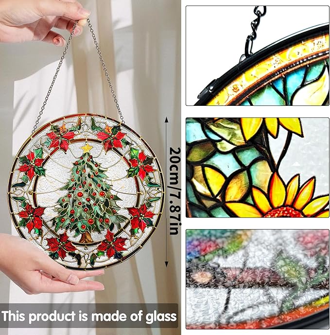 Bimkole Christmas Tree Stained Glass Suncatcher Window Hanging - Leaves Indoor Window or Doorway Decoration - Handmade Sun Catcher Decor for Garden Home Christmas & Birthday Gifts 7.87x7.87 inch