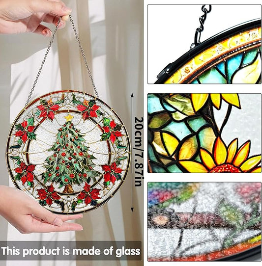 Bimkole Christmas Tree Stained Glass Suncatcher Window Hanging - Leaves Indoor Window or Doorway Decoration - Handmade Sun Catcher Decor for Garden Home Christmas & Birthday Gifts 7.87x7.87 inch