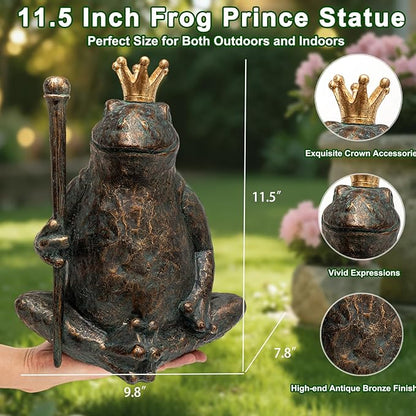 Frog Garden Statue, Yard Decorations Outdoor Decor, Weather-Resistant Animal Figurines & Sculptures, Seated Prince Frog with Scepter for Patio & Lawn, 11.5" H×9.8" L