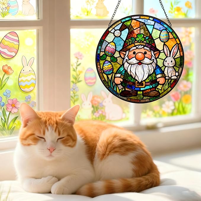 Funoasis Bunny Gnome Stained Glass Suncatcher - 6.3 Inches Easter Egg Hanging Window Ornaments Gift for Holiday Celebration Decoration