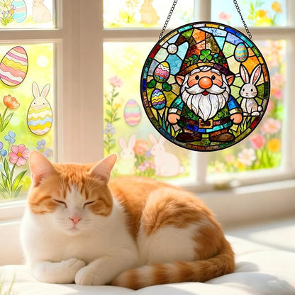 Funoasis Bunny Gnome Stained Glass Suncatcher - 6.3 Inches Easter Egg Hanging Window Ornaments Gift for Holiday Celebration Decoration