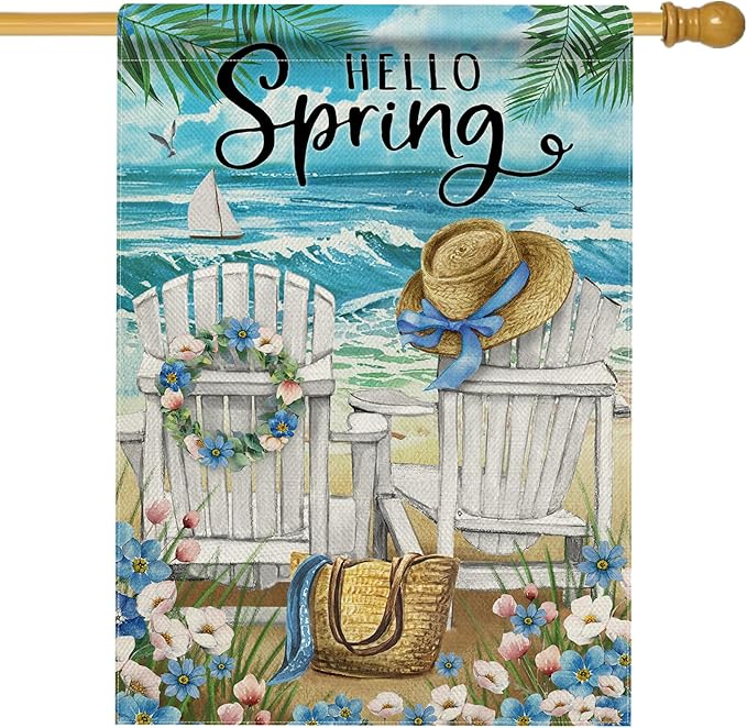 Hzppyz Hello Spring Chairs House Flag Double Sided, Forget Me Not Flower Coastal Beach Decorative Garden Yard Outdoor Large Decor, Nautical Sailboat Bag Hat Burlap Home Outside Decoration 28 x 40