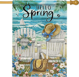 Hzppyz Hello Spring Chairs House Flag Double Sided, Forget Me Not Flower Coastal Beach Decorative Garden Yard Outdoor Large Decor, Nautical Sailboat Bag Hat Burlap Home Outside Decoration 28 x 40