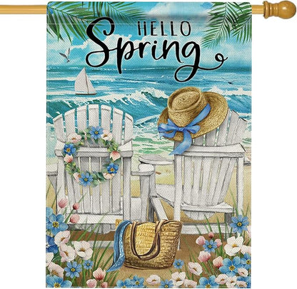 Hzppyz Hello Spring Chairs House Flag Double Sided, Forget Me Not Flower Coastal Beach Decorative Garden Yard Outdoor Large Decor, Nautical Sailboat Bag Hat Burlap Home Outside Decoration 28 x 40