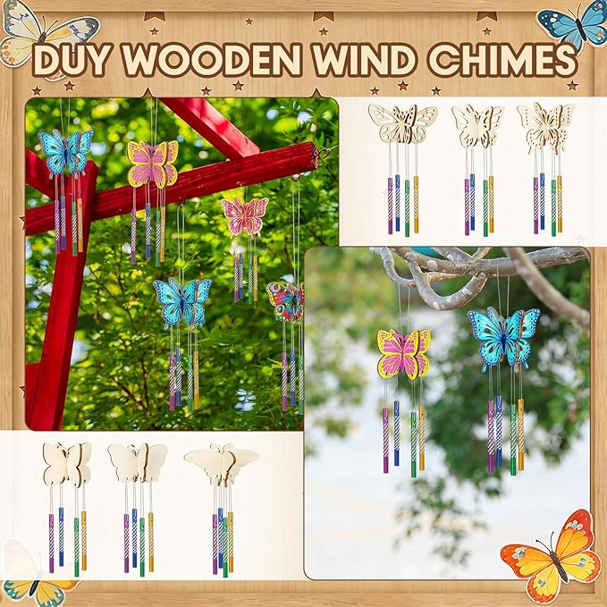 Leinuosen 30 Pcs Butterfly Wind Chime Kit for Kids Make Your Own Butterfly Wind Chimes Decorative DIY Coloring Wooden Crafts for Spring Art Activities Garden Home Patio Party Decorations
