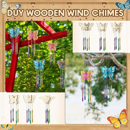Leinuosen 30 Pcs Butterfly Wind Chime Kit for Kids Make Your Own Butterfly Wind Chimes Decorative DIY Coloring Wooden Crafts for Spring Art Activities Garden Home Patio Party Decorations
