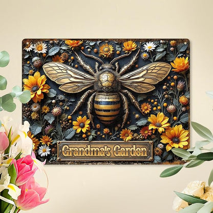 Custom Garden Signs Personalized Metal Tin Sign for Women, Bee Metal Sign for Outdoor, Patio, Yard Rustic Home Decor Gift for Mothers Day, Grandmas, and Gardening Lovers