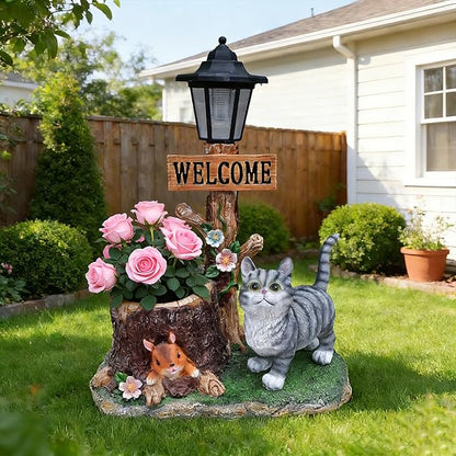 Solar Light Animal Outdoor Statue Planter with Welcome Sign, Resin Garden Sculpture Flower Pot for Patio Lawn Porch Yard Courtyard Decor, Weather-Resistant Decorative Figurine Accent (C)