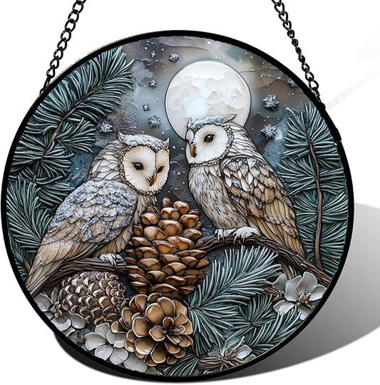 Stained Glass Window Hanging - Owl On A Tree Suncatcher for Doors Garden Patio Winter Scene Sun Catchers Decor Christmas Mother's Day Birthday Gifts for Women Men Mom Nana Friend 7.8 in