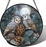 Stained Glass Window Hanging - Owl On A Tree Suncatcher for Doors Garden Patio Winter Scene Sun Catchers Decor Christmas Mother's Day Birthday Gifts for Women Men Mom Nana Friend 6.3 in