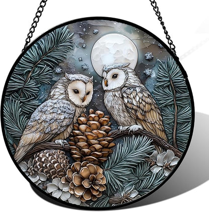 Stained Glass Window Hanging - Owl On A Tree Suncatcher for Doors Garden Patio Winter Scene Sun Catchers Decor Christmas Mother's Day Birthday Gifts for Women Men Mom Nana Friend 6.3 in