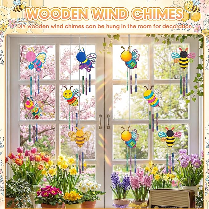 Leinuosen 30 Pcs Bee Wind Chime Kit for Kids Make Your Own Bee Wind Chimes Decorative DIY Coloring Wooden Crafts for Spring Art Activities Garden Home Patio Party Decorations