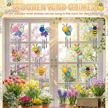 Leinuosen 30 Pcs Bee Wind Chime Kit for Kids Make Your Own Bee Wind Chimes Decorative DIY Coloring Wooden Crafts for Spring Art Activities Garden Home Patio Party Decorations