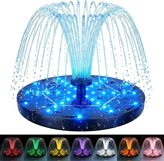 Solar Fountain for Bird Bath with Colorful LED Lights, Floating Solar Fountain, 3W Solar Powered Water Fountain Pump with Strong Spray & 5 Nozzles for Garden, Pond, Pool, 36 LED Lights