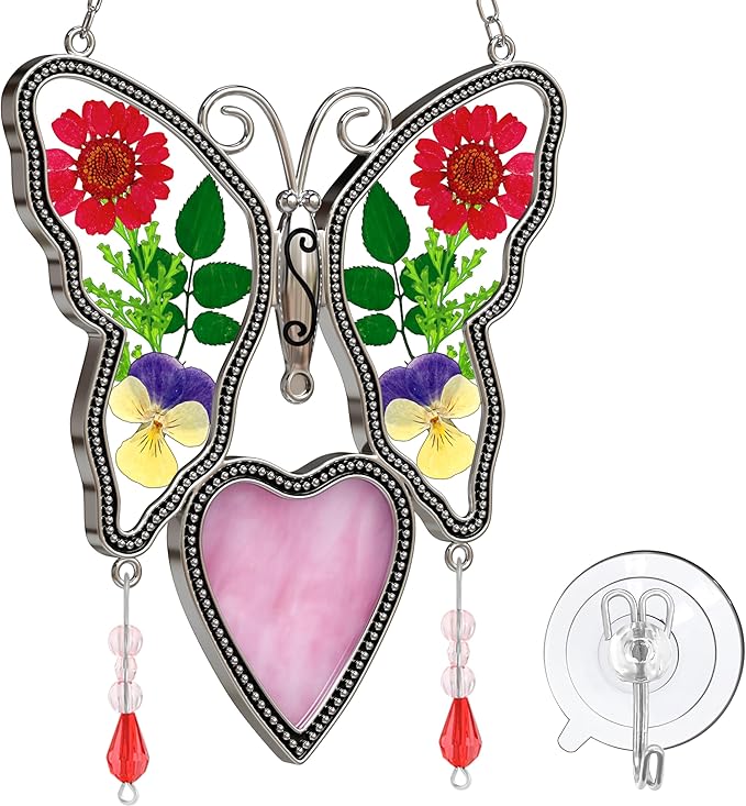Love Heart-Shaped Glass Suncatcher with Pressed er Ornament, Wind Chimes with Real Flowers, Pendant Mom Grandma Lover Birthday Gift for Indoor or Outdoor Décor-Mom