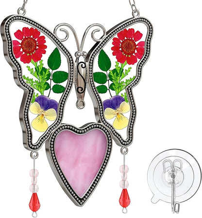 Love Heart-Shaped Glass Suncatcher with Pressed er Ornament, Wind Chimes with Real Flowers, Pendant Mom Grandma Lover Birthday Gift for Indoor or Outdoor Décor-Mom