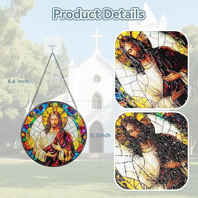Suncatcher Stained Glass Window Hanging - Jesus Christ Glass Panel with Metal Chain and Hooks Handmade Sun Catcher Decoration for Window Garden Home Christmas & Birthday Gifts (6.3 Inch)