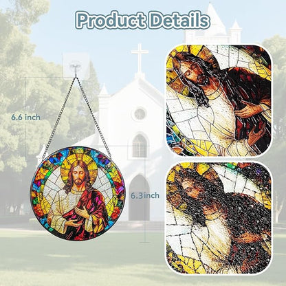 Suncatcher Stained Glass Window Hanging - Jesus Christ Glass Panel with Metal Chain and Hooks Handmade Sun Catcher Decoration for Window Garden Home Christmas & Birthday Gifts (6.3 Inch)