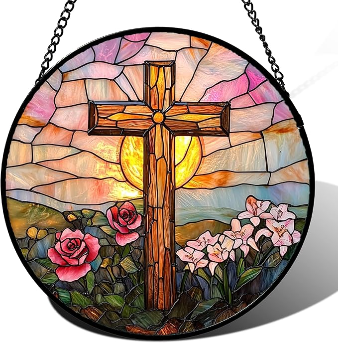DASTOLL Christian Gifts for Women - Cross Stained Glass Window Hanging Easter Pink Flower Sunset Landscape Sun Catcher Garden Religion Decor Mother's Day Catholic Gift for Men Grandma Nana Her 6.3"