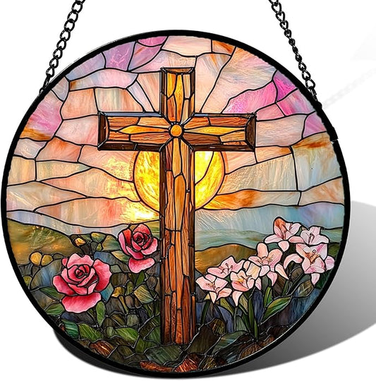 DASTOLL Christian Gifts for Women - Cross Stained Glass Window Hanging Easter Pink Flower Sunset Landscape Sun Catcher Garden Religion Decor Mother's Day Catholic Gift for Men Grandma Nana Her 6.3"