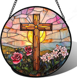 DASTOLL Christian Gifts for Women - Cross Stained Glass Window Hanging Easter Pink Flower Sunset Landscape Sun Catcher Garden Religion Decor Mother's Day Catholic Gift for Men Grandma Nana Her 7.8"