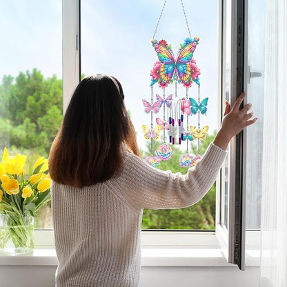 DIY Wind Chime Pendant Spring 3D Diamond Art Painting Hanging Ornament Double Sided Diamond Suncatchers for Window Home Backyard Garden Wall Door Decor (Butterfly03)
