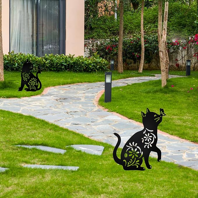 MrMrKura 2 Pack Metal Cat Stakes Garden Decor Stakes Black Cat Silhouette Statue for Outside Decorative Ornaments for Outdoor Garden Home Patio Yard Decoration