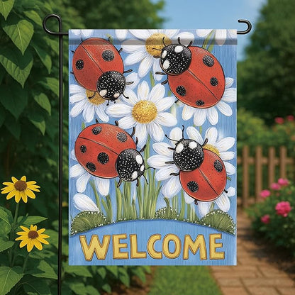 Spring Summer Garden Flag 12x18 Inch Ladybug Welcome Daisy Floral Design Outdoor Yard Porch Lawn Garden for Seasonal Farmhouse Country Home Decor